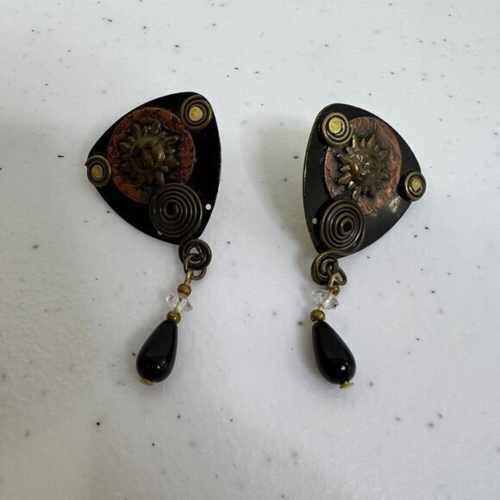 Vintage Mixed Metals Artisan Earrings Avant‎ Garde Celestial Sun Boho Dangle Big